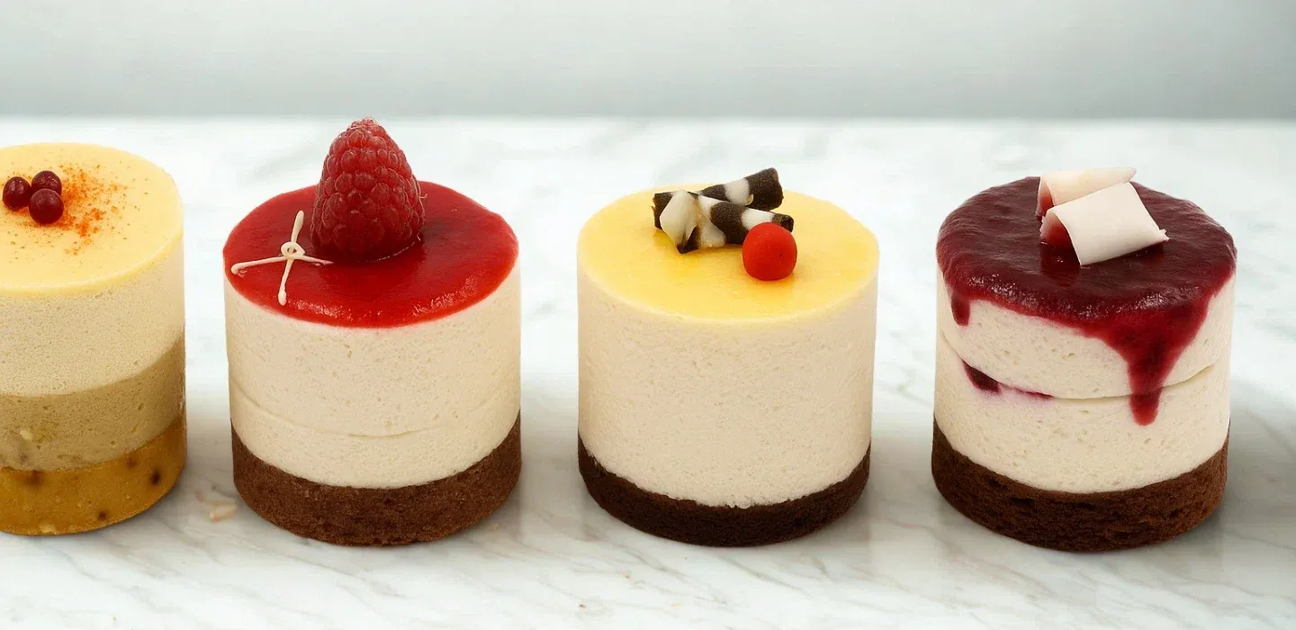 Fila de postres listos para el mostrador