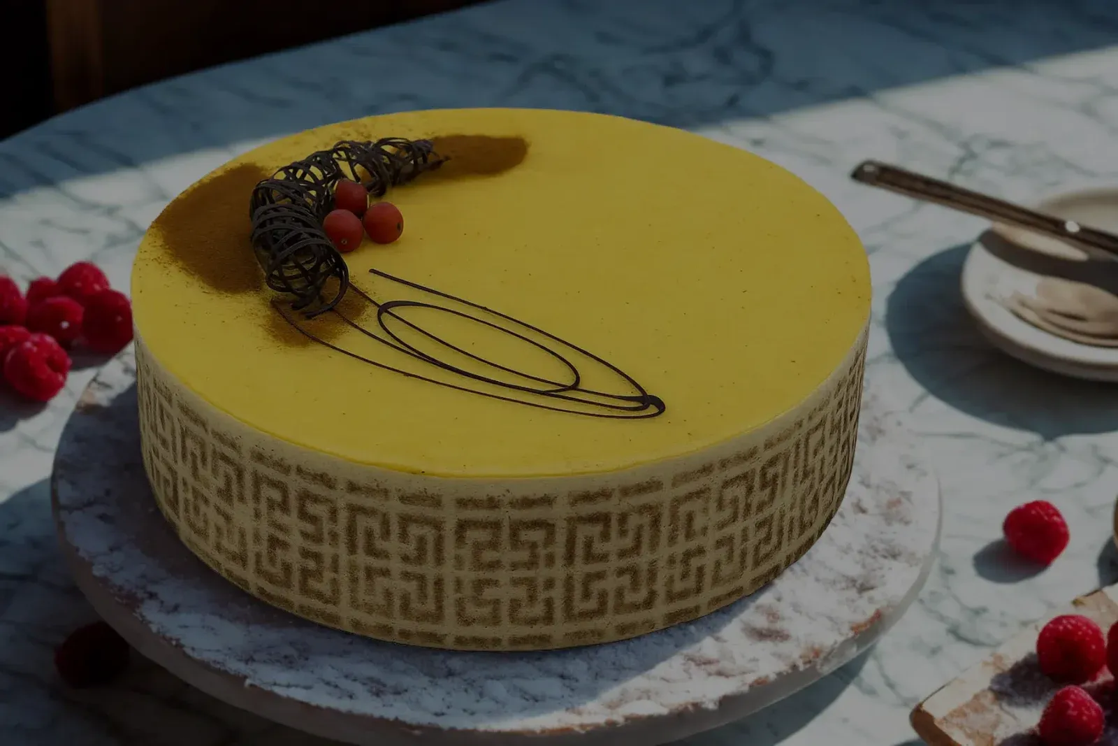 Tarta de pistacho decorada a mano en el obrador